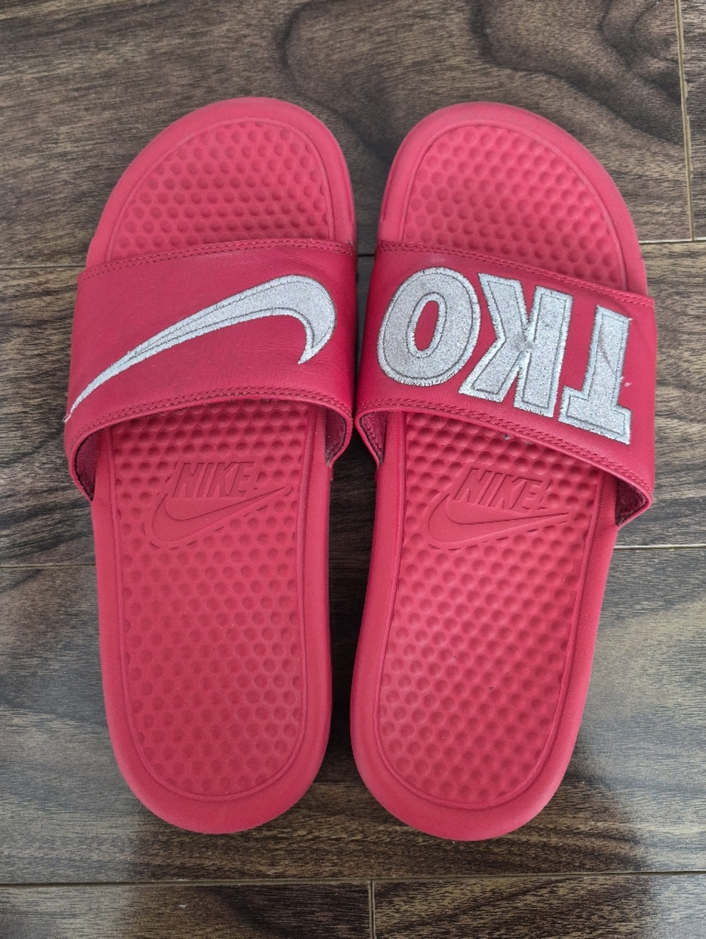 TKO Nike Bright Red Slide Sandals with Silver Logo Swoosh Mens 8